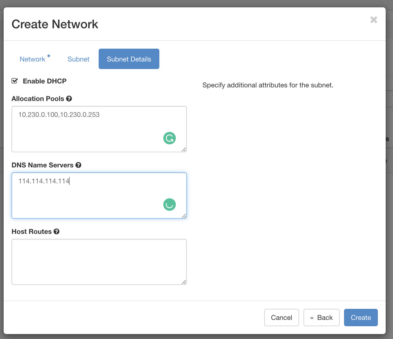 OpenStack User Network Subnet Details