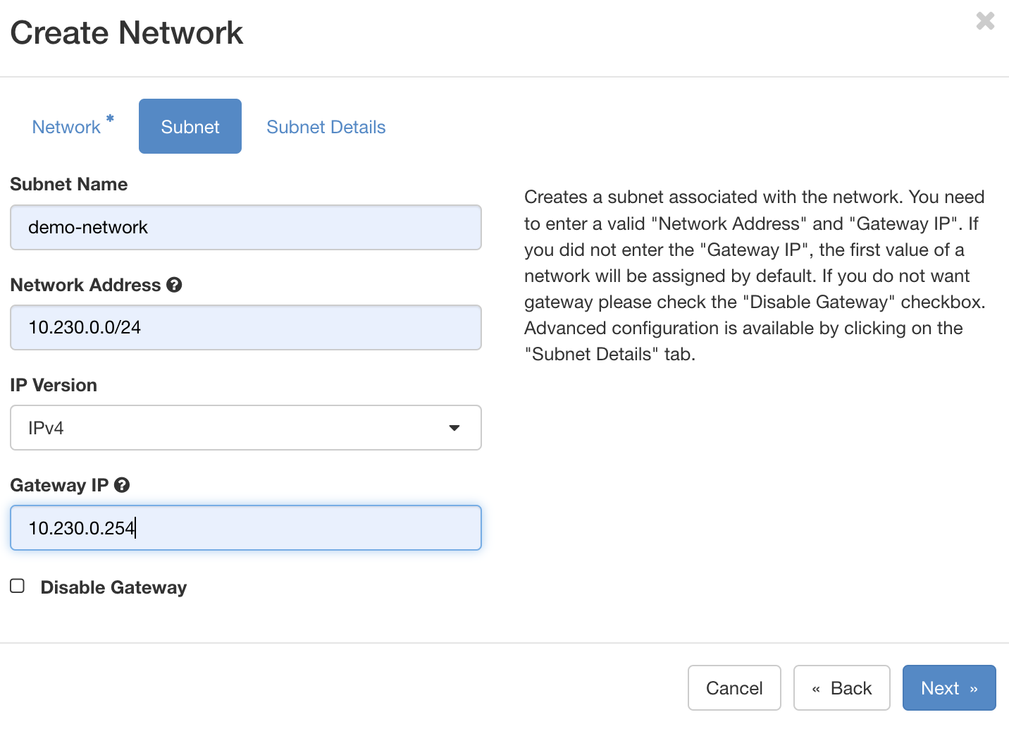 OpenStack User Network Subnet