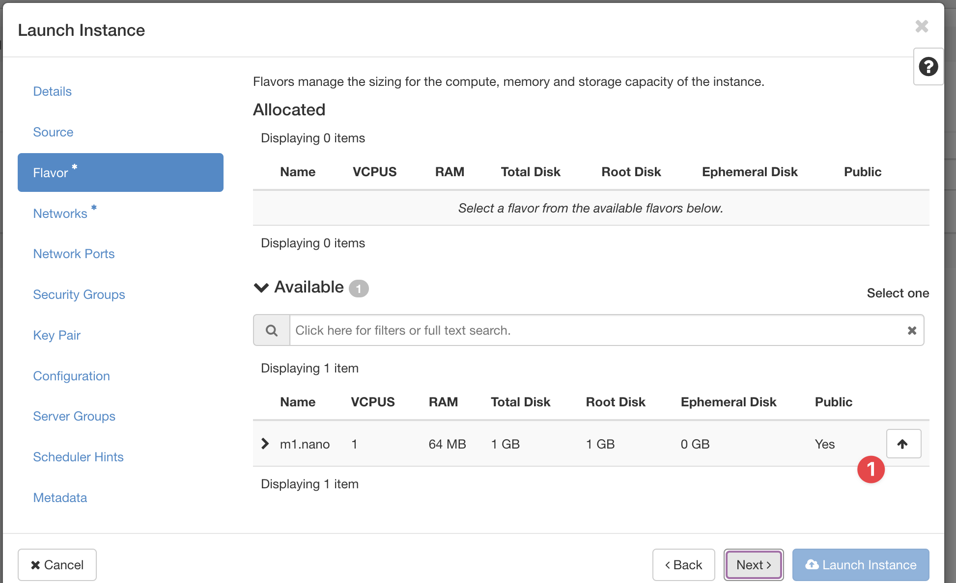 OpenStack Launch Flavor